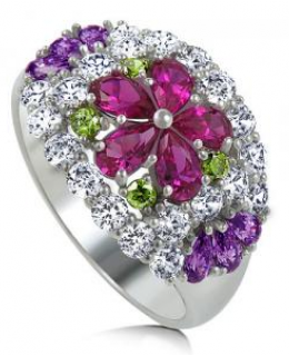 Multicolor Cubic Zirconia Flower Dome Fashion Right Hand Ring