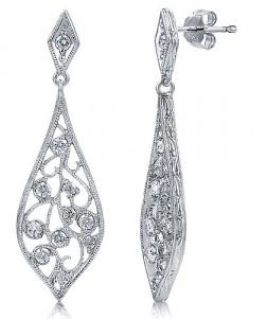 Sterling Silver Cubic Zirconia Filigree Leaf Dangle Earrings