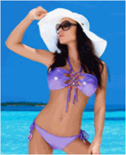 Axami Swimwear Carribean Mauve bandeau top bikini is hot, in purple with colorful beads and flirty s